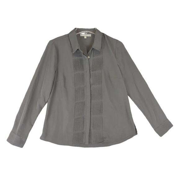 DANIEL RAINN Front Pleats Gray Button Up Blouse Petite Small, Faux Silk Long Slv - Picture 1 of 6